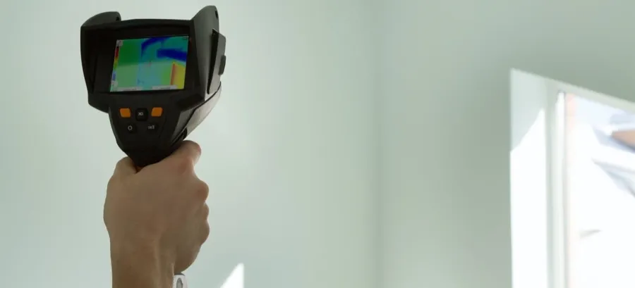 Hand holding a thermal imaging camera scanning a white interior wall near a window with sunlight outside.