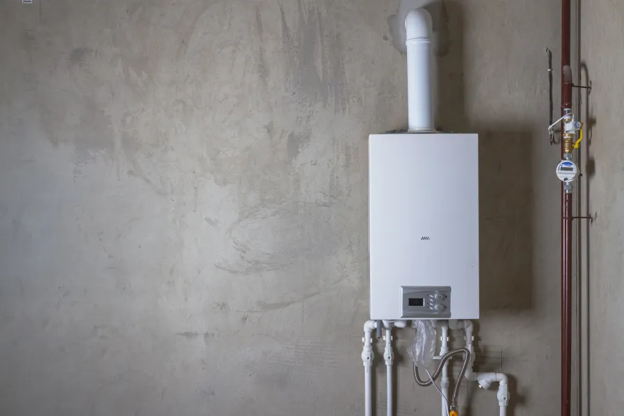 Modern white tankless water heater mounted on a gray concrete wall with visible pipes and gas meter.