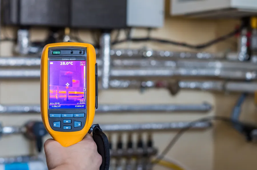 Hand holding a yellow thermal imaging camera showing temperature readings over insulated pipes in a utility room.