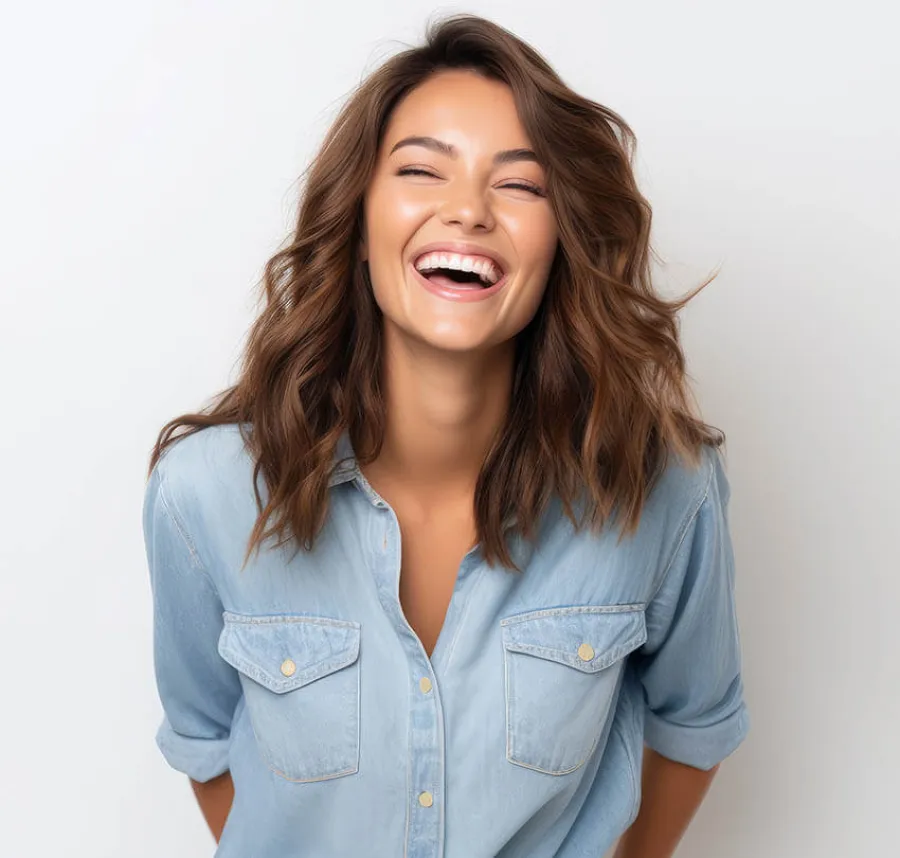 Happy young woman with wavy brown hair laughing wearing a light blue denim shirt against white background