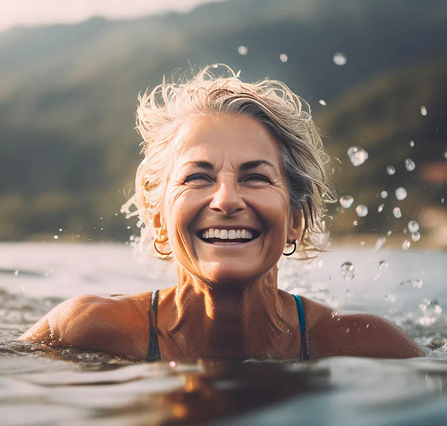Smiling middle-aged woman swimming in a lake with water splashing and mountains in the background