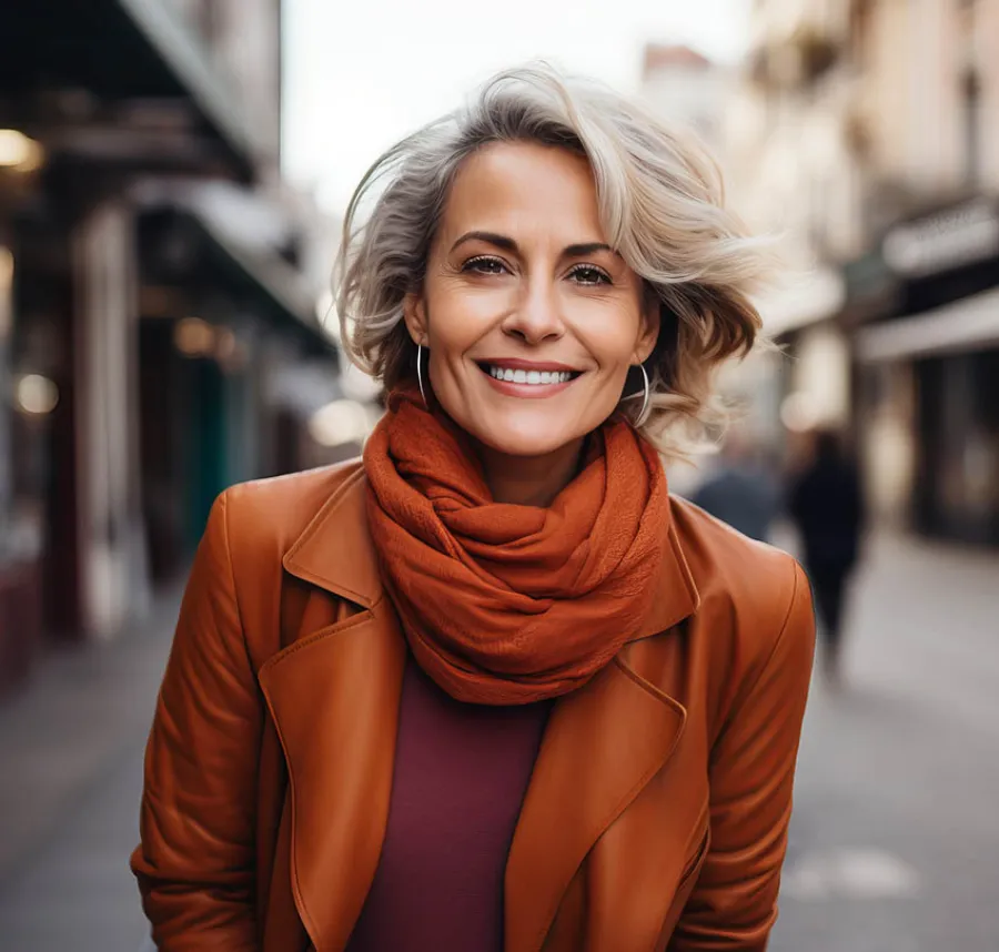 Smiling middle-aged woman with short blonde hair wearing a rust scarf and leather jacket on city street.