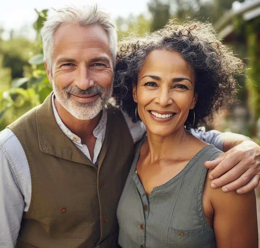 Smiling mature couple outdoors with affectionate arm around shoulder in a bright natural setting
