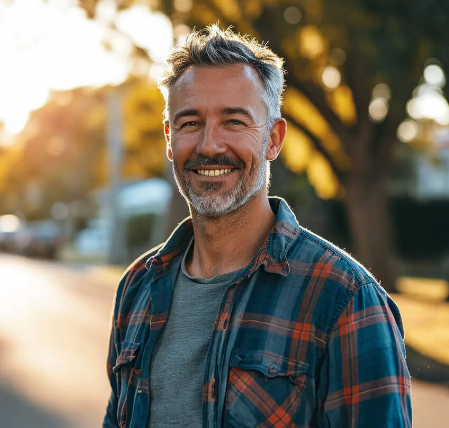 Smiling middle-aged man with gray hair wearing a plaid shirt standing outdoors in warm sunlight.
