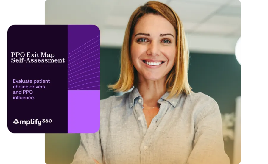 Smiling woman in a light shirt with PPO Exit Map Self-Assessment graphic evaluating patient choice drivers
