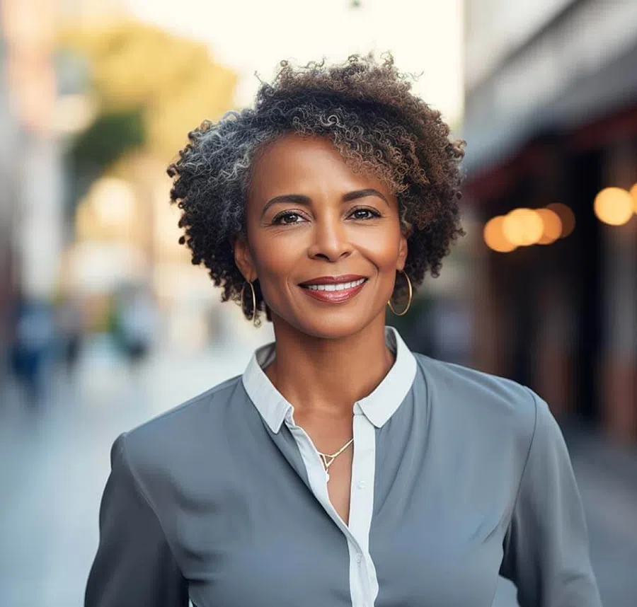 Confident middle-aged woman with curly hair smiling outdoors in a casual grey blouse and gold hoop earrings.