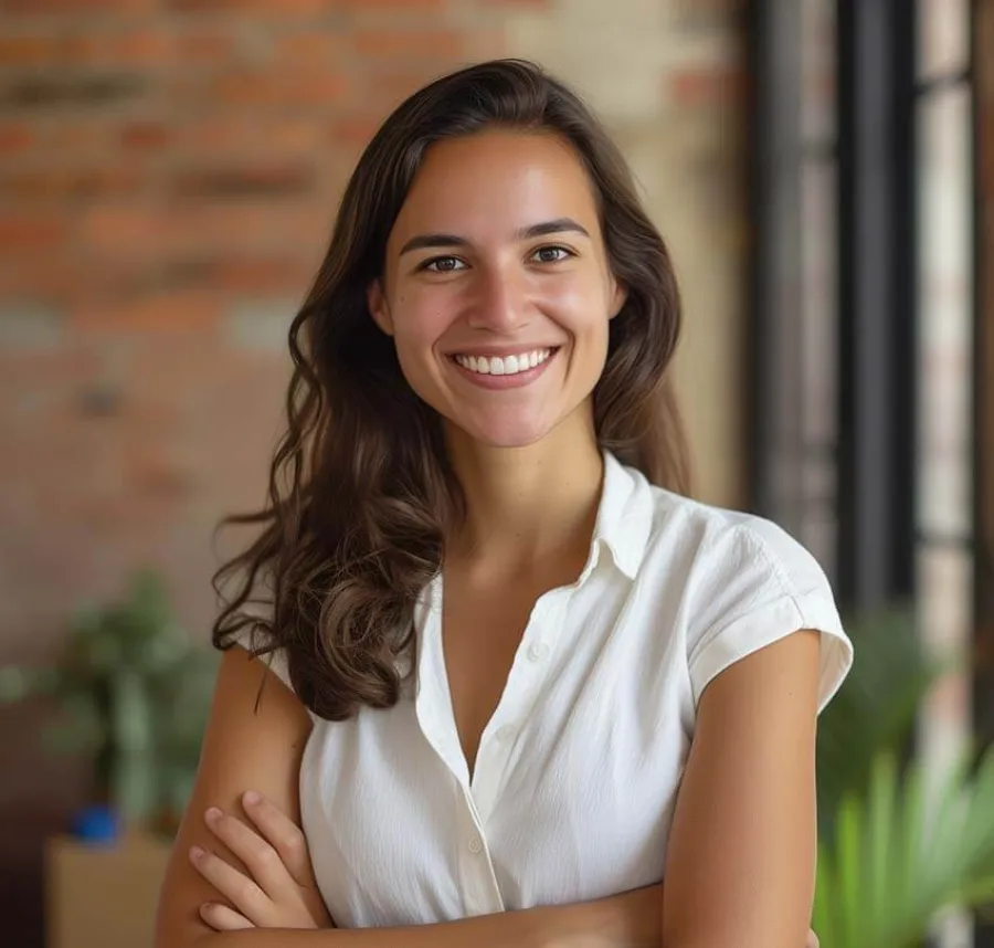 Smiling young woman with crossed arms wearing a white shirt standing in a bright indoor space with brick wall.