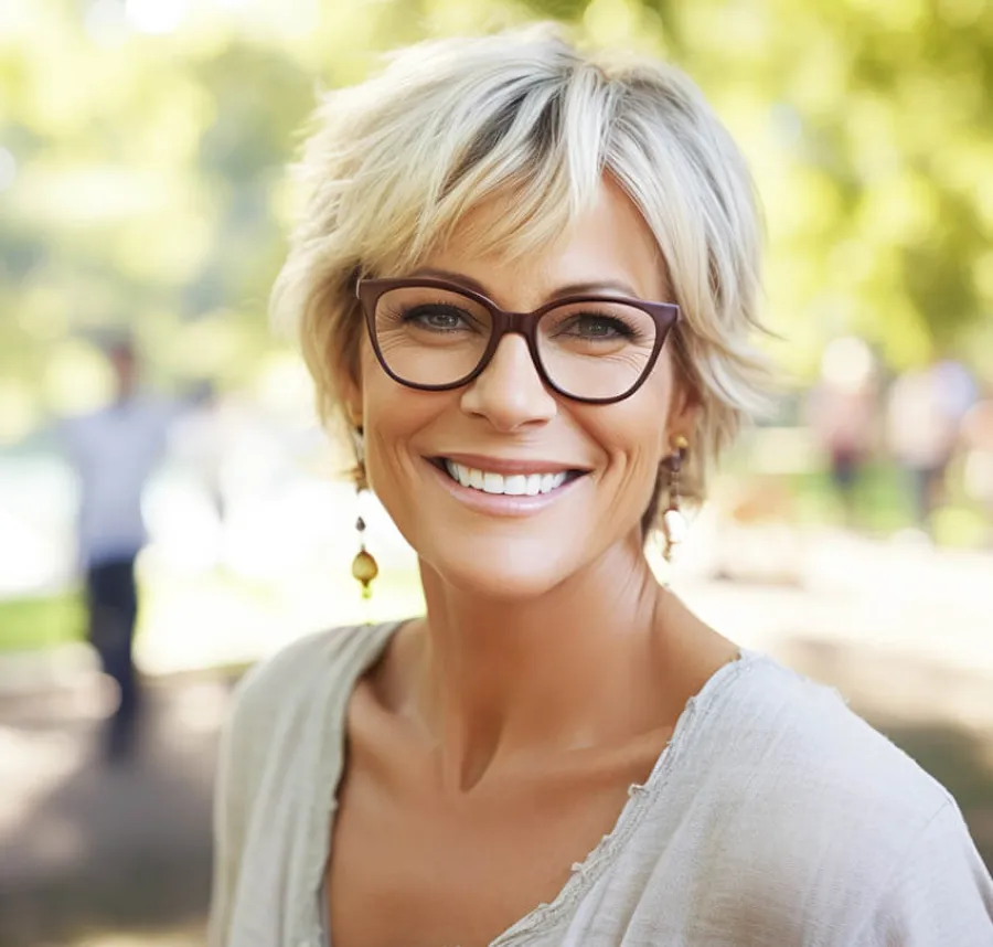 Smiling middle-aged woman with short blonde hair and glasses outdoors on a sunny day