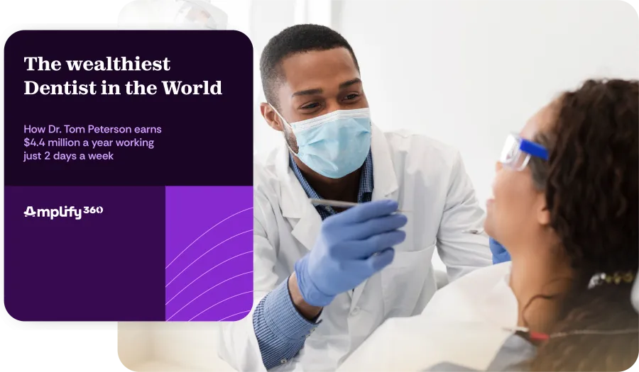 Dentist wearing mask and gloves examining a female patient in a dental clinic with text about the richest dentist Dr. Tom Peterson.
