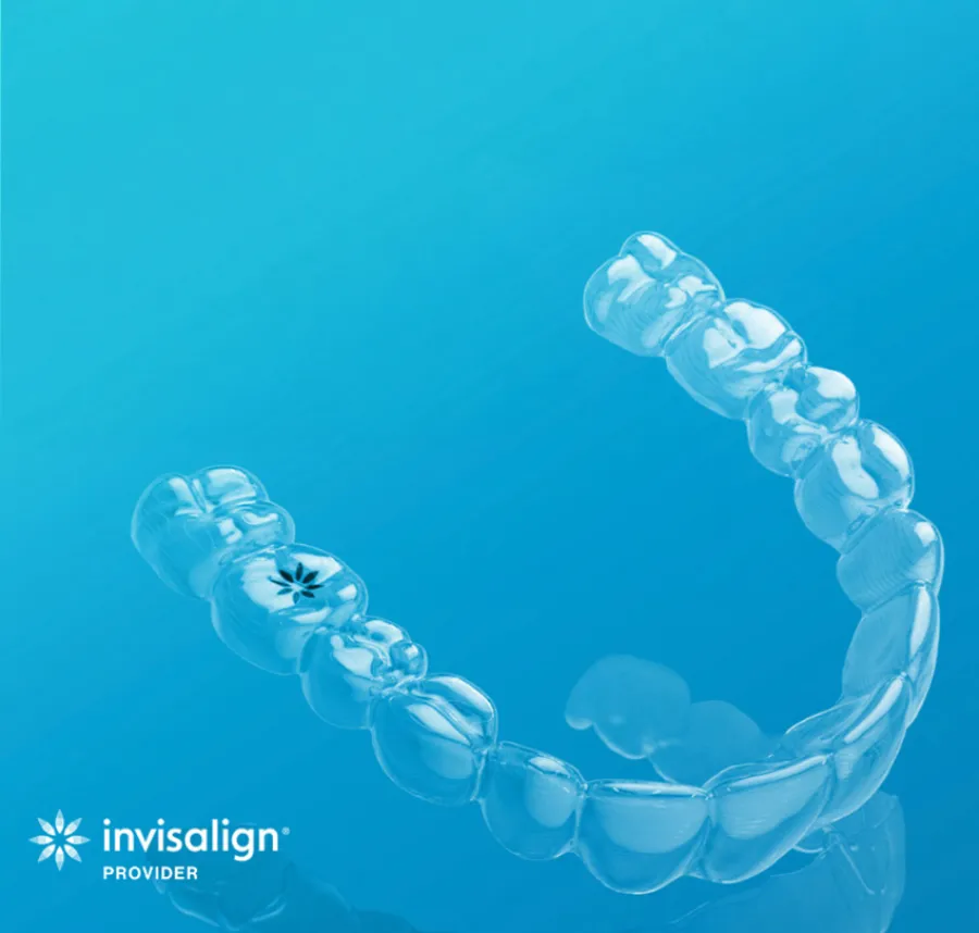 Clear Invisalign clear dental aligner for teeth straightening on a blue background with Invisalign provider logo.