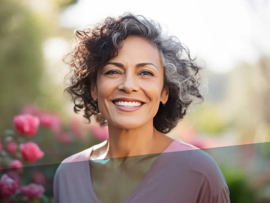 a woman smiling in front of a flower bush