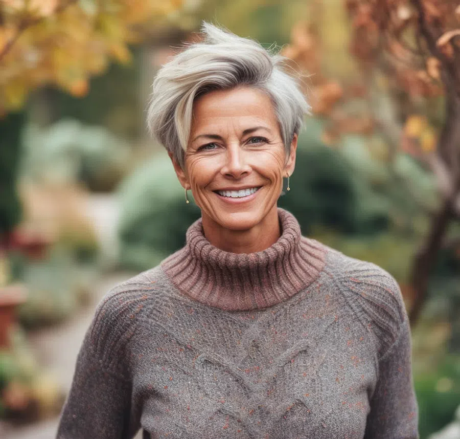 Smiling middle-aged woman with short gray hair wearing a cozy turtleneck sweater outdoors in autumn.