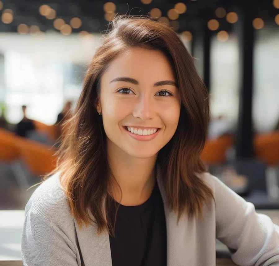 Smiling young woman with brown hair and casual blazer in a modern office setting with blurred lights.