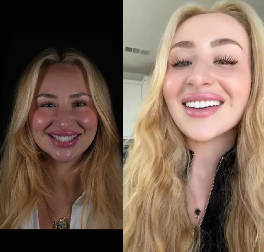 Side-by-side photos of a blonde woman smiling with long hair, one against a dark background, the other indoors.