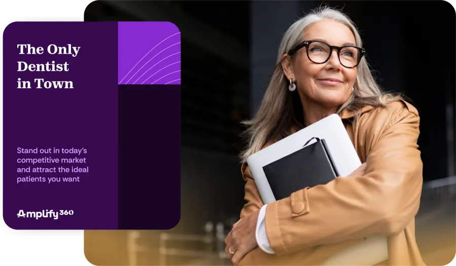 Smiling mature woman with glasses and beige coat holding a laptop and notebook, promoting dental marketing service.