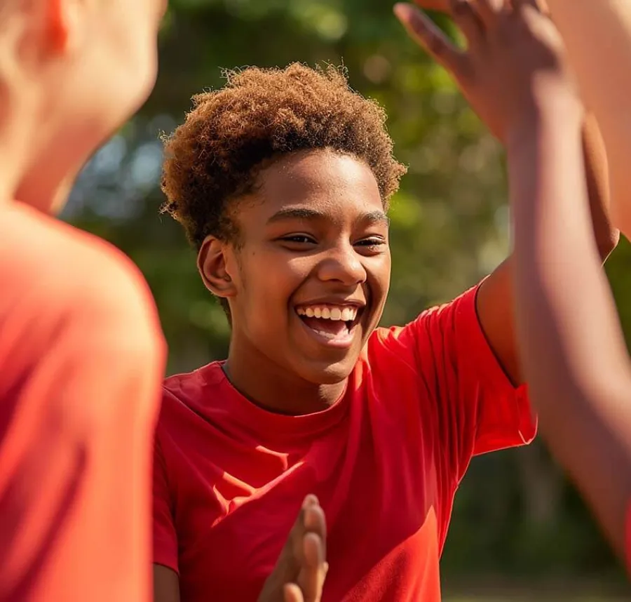 a boy with his hands up