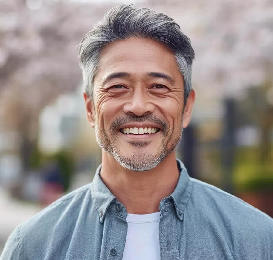 Smiling middle-aged man with gray hair and beard wearing a denim shirt outdoors with blurred background.
