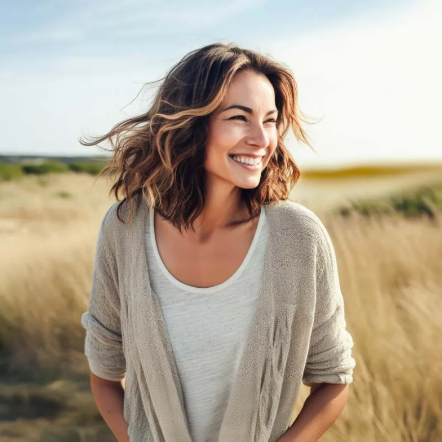 Smiling woman in a cozy sweater among golden grass under a bright blue sky.