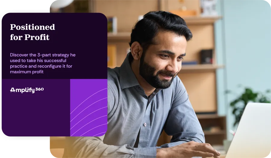 Man working on laptop in modern office with overlay text about profit strategy and Amplify 360 logo