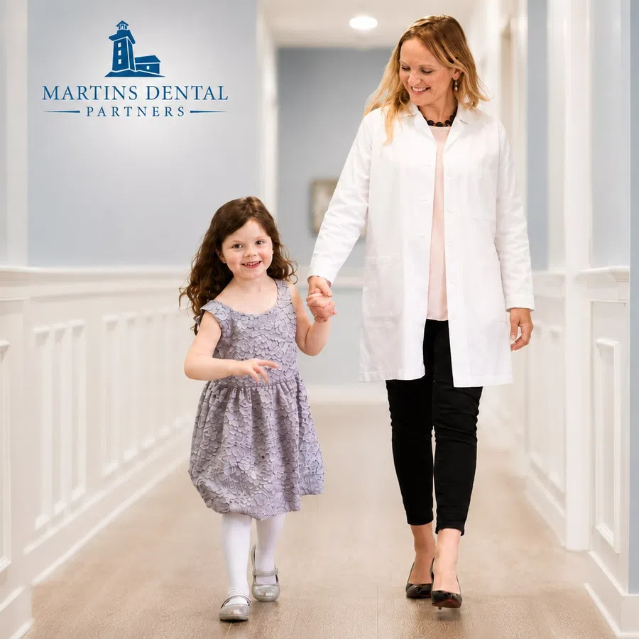 Female dentist holding hands with young girl walking in dental clinic hallway, both smiling happily