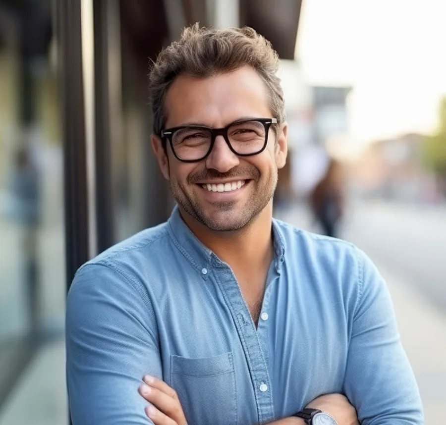 Smiling man with glasses and blue shirt standing outdoors with arms crossed in an urban setting.