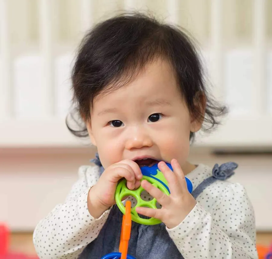 a baby holding a toy