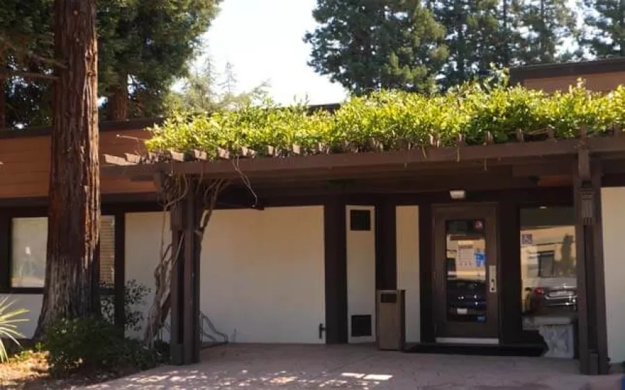 a building with a tree in the front