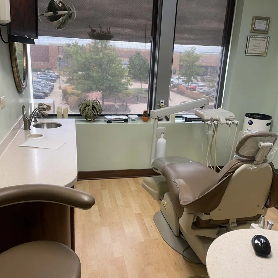 Dental office with brown patient chair, countertop sink, window with blinds, and outside view of parked cars.