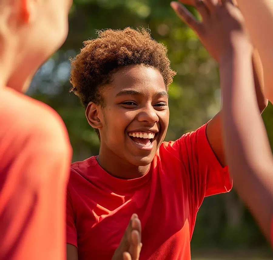Happy young person in red shirt laughing and high-fiving outdoors in bright sunlight