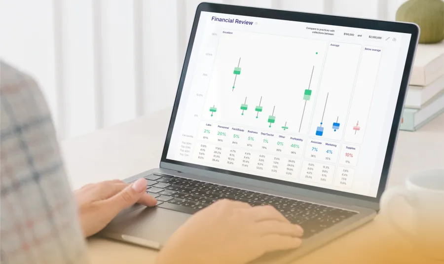 Person analyzing financial review charts and statistics on a laptop in a bright workspace.