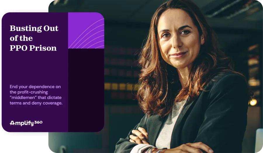 Confident woman with folded arms next to text about ending dependence on restrictive PPO insurance middlemen.