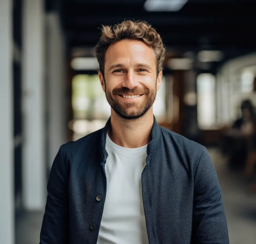 Smiling man with curly hair and beard wearing a navy jacket and white t-shirt in a modern office space.