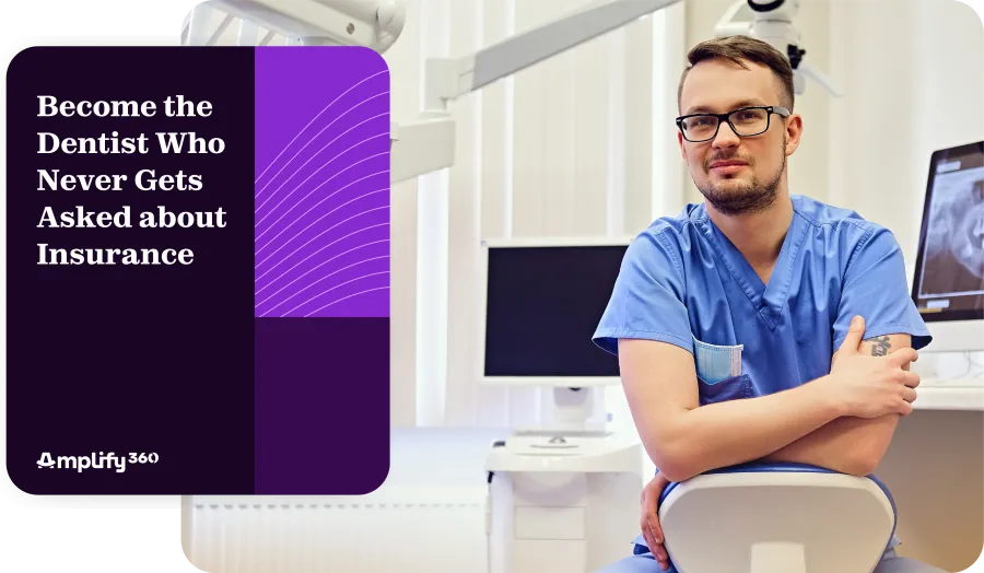 Man working on laptop in modern office with overlay text about profit strategy and Amplify 360 logo