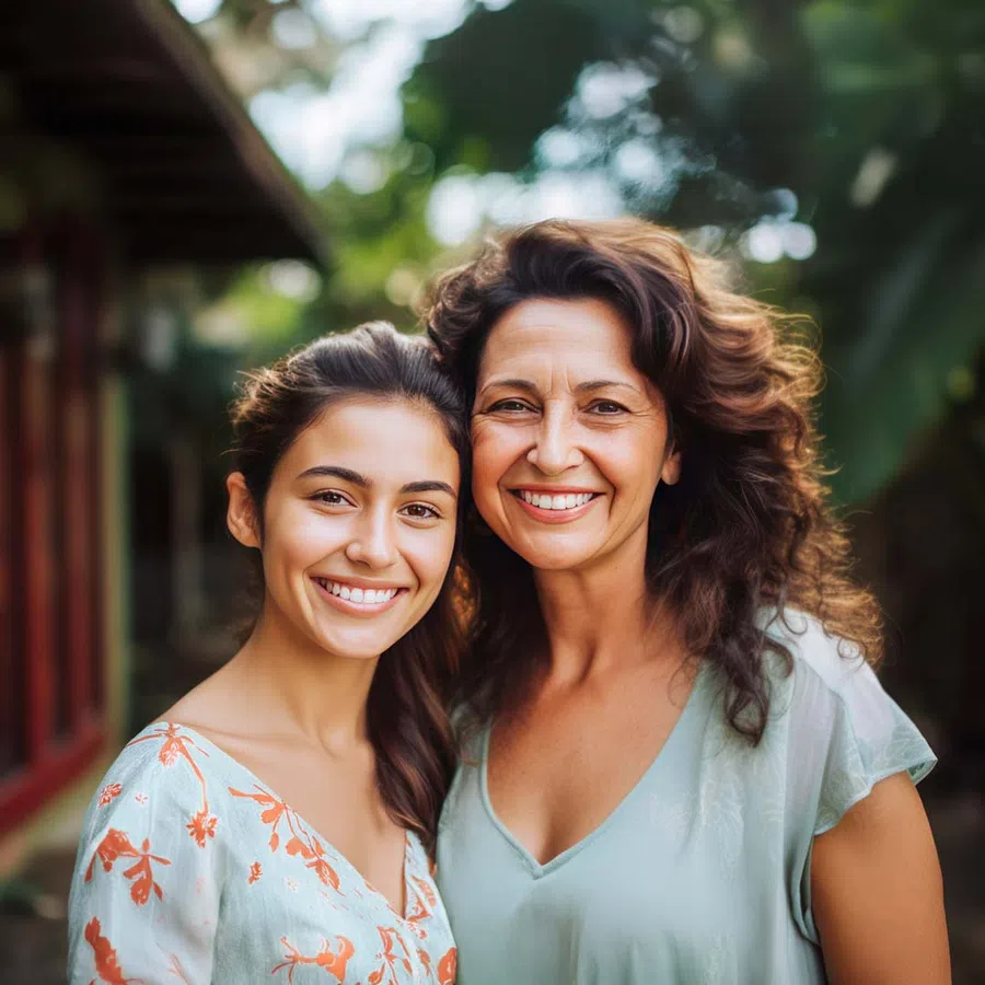 Smiling middle-aged woman and young woman standing close outdoors with greenery in the background