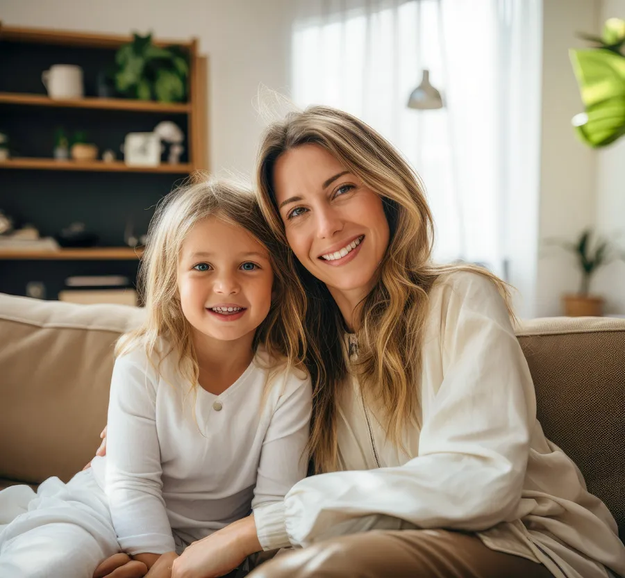Smiling mother and daughter sitting closely on a beige couch in a bright, cozy living room setting.