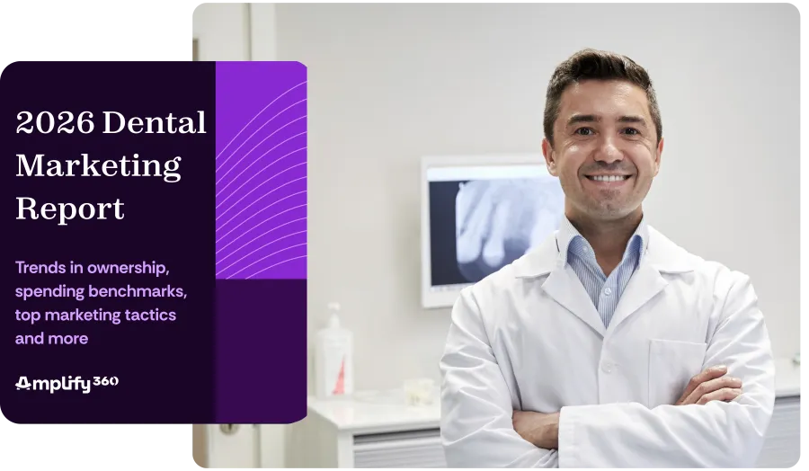 Smiling male dentist in white coat standing with arms crossed next to 2026 dental marketing report cover.