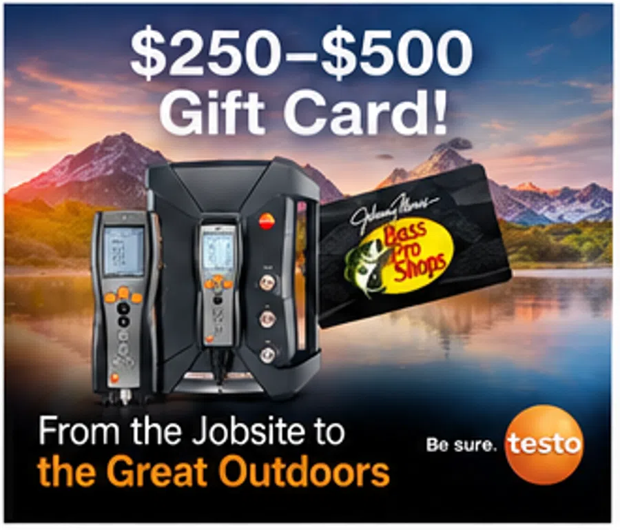 $250-$500 gift card offer with Testo instruments against a mountain lake sunset background with Bass Pro Shops card.