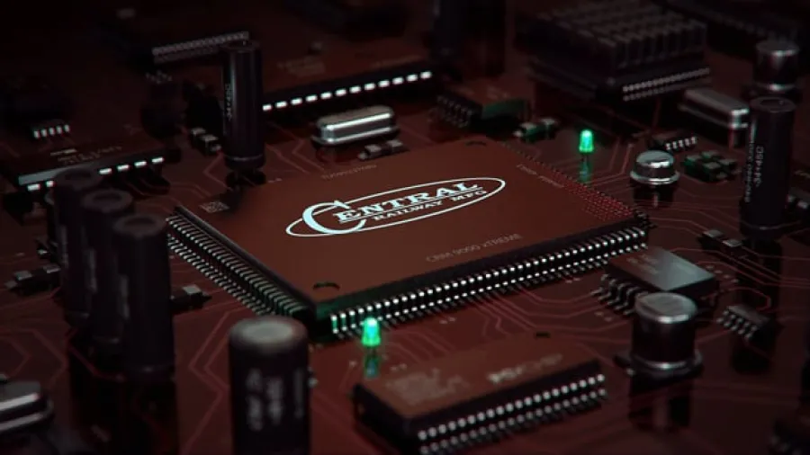 Close-up of a Central Processing Unit chip on a computer motherboard with surrounding components and green indicator lights