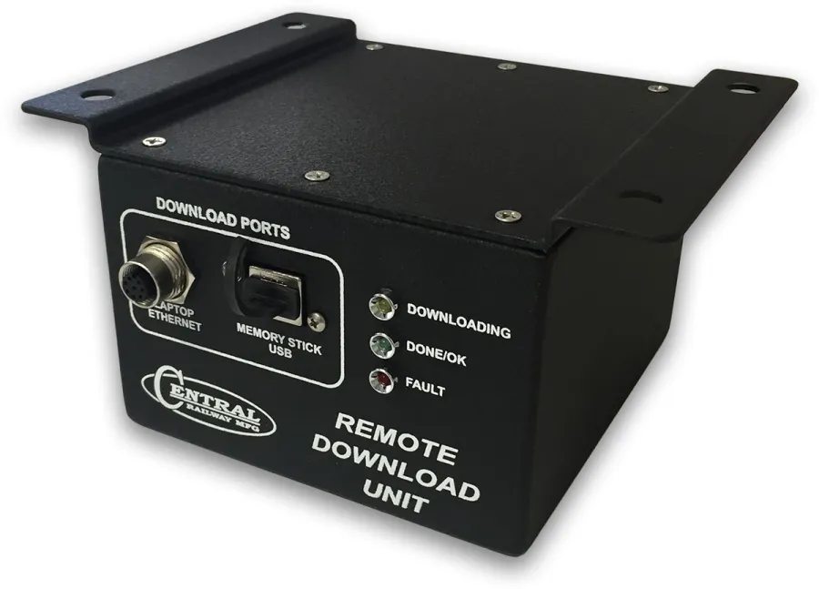 Black remote download unit with Ethernet, USB ports, and status lights for downloading, done, and fault indicators.