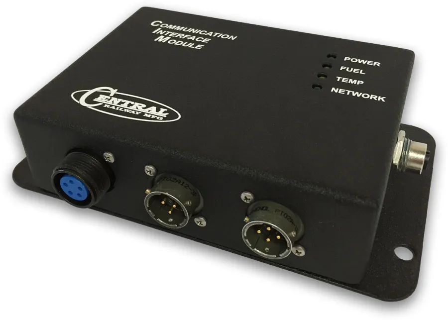 Black communication interface module with multiple connectors and status indicators for power, fuel, temp, and network.