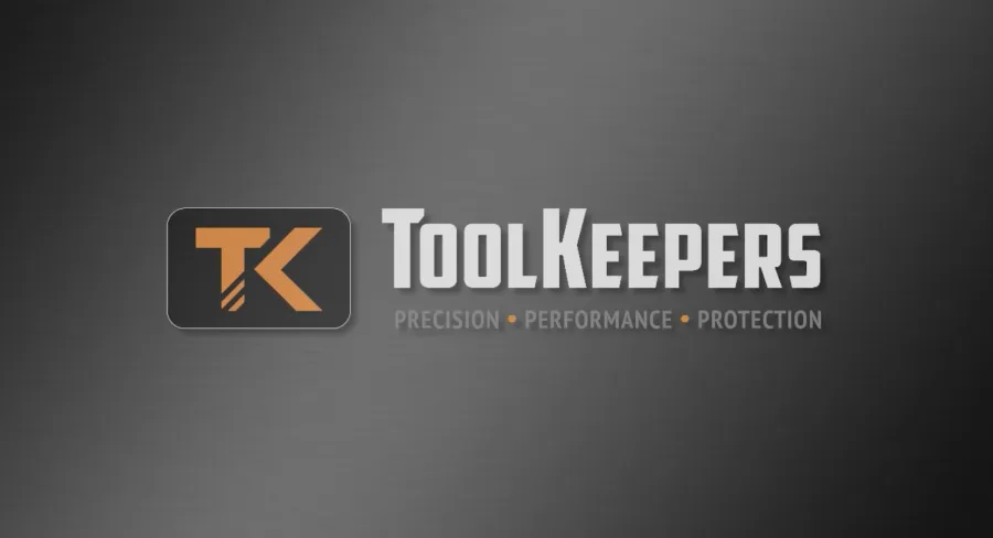ToolKeepers logo with TK icon and tagline Precision Performance Protection on dark metallic background