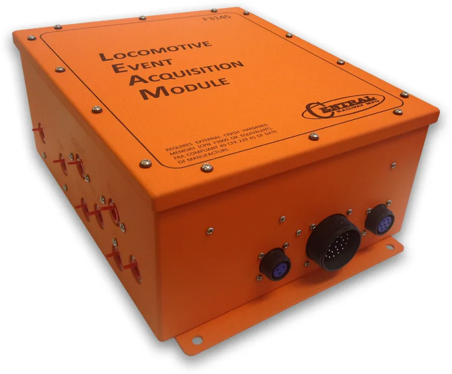 Orange Locomotive Event Acquisition Module device with multiple connectors and bolts on a white background