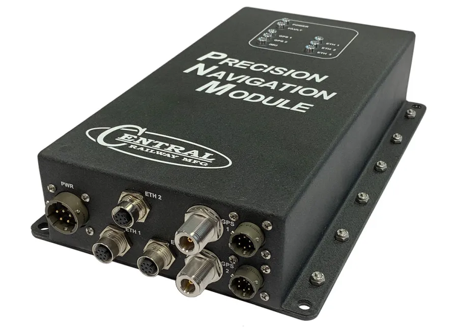 Black Precision Navigation Module device with multiple connectors and labeled Ethernet and GPS ports