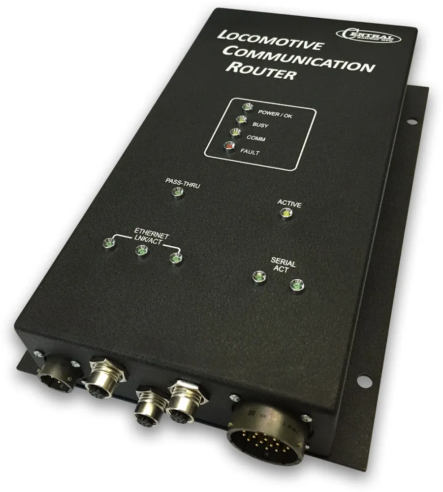 Black Locomotive Communication Router with multiple indicator LEDs and round connectors on a white background