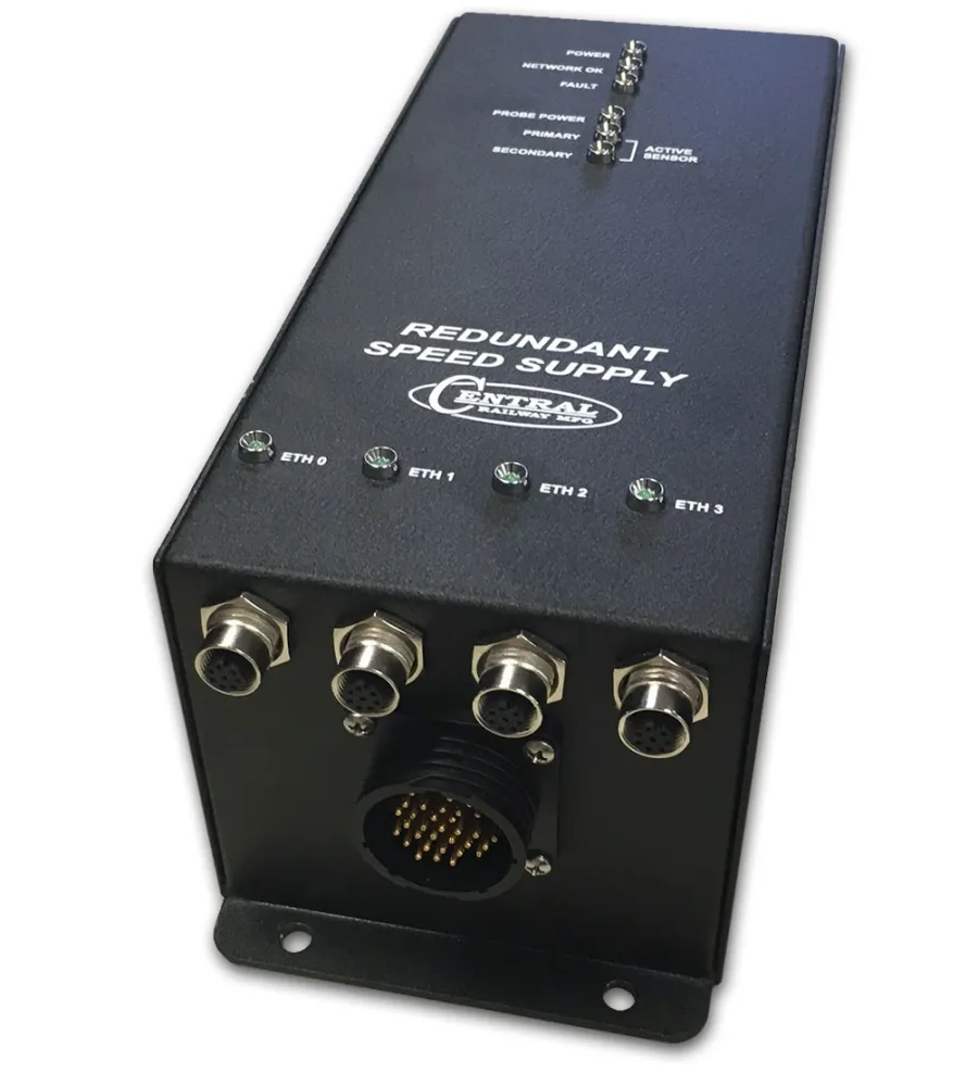 Black industrial device labeled Redundant Speed Supply with multiple Ethernet and sensor connectors.