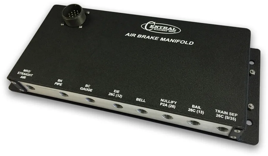 Black Central Railway Pro air brake manifold with multiple labeled ports isolated on white background.