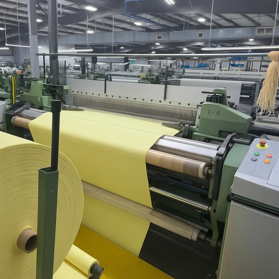Industrial weaving machine producing wide rolls of yellow fabric in a spacious textile factory.