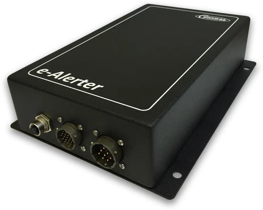 Black e-Alerter device with multiple connector ports for communication and alert systems.