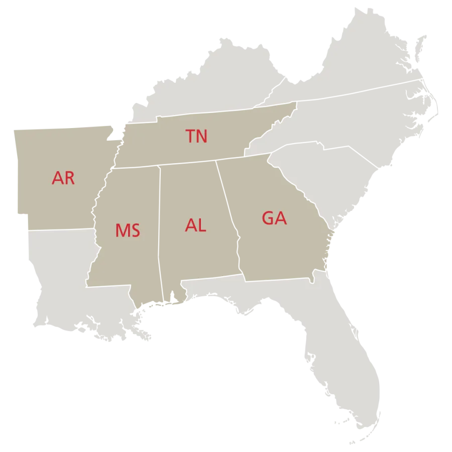 Map highlighting Arkansas, Mississippi, Tennessee, Alabama, and Georgia in the southeastern United States.