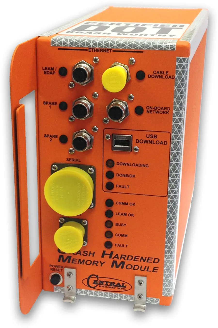 Orange crash hardened memory module with Ethernet and USB ports, status LEDs, and yellow protective caps.